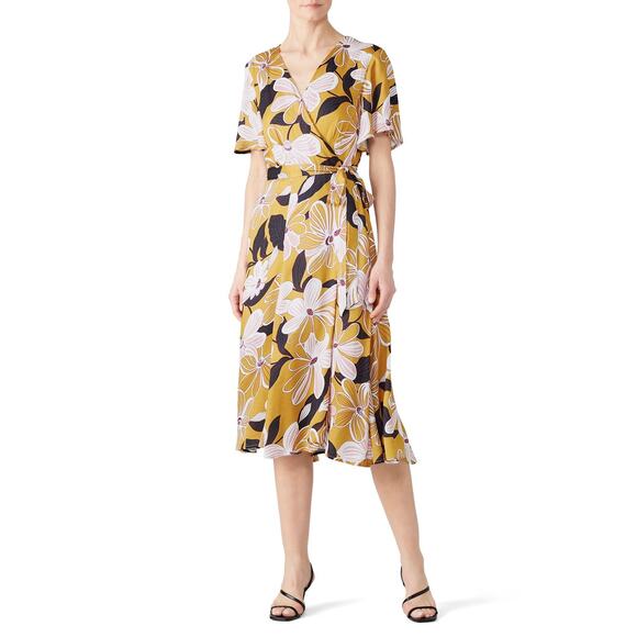 Slate & Willow Mod Daisy Floral Print Flutter Sleeve Wrap Midi Dress Size S - Picture 1 of 13